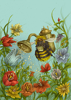 Maulbeerblatt mit Hummel-Illustration